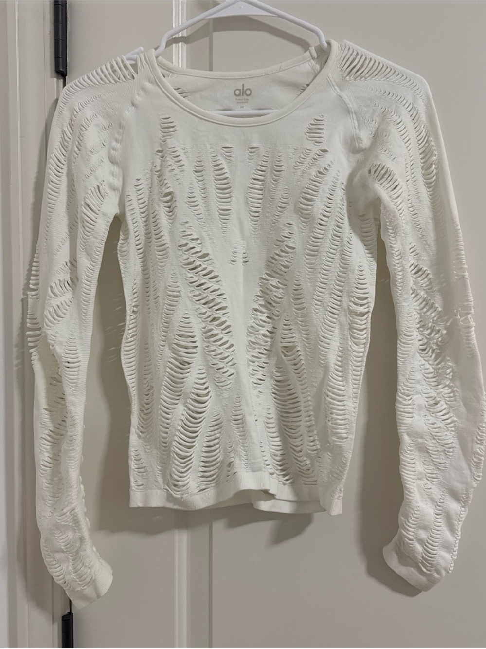 ALO Yoga White Distressed Open-Knit Long Sleeve Top